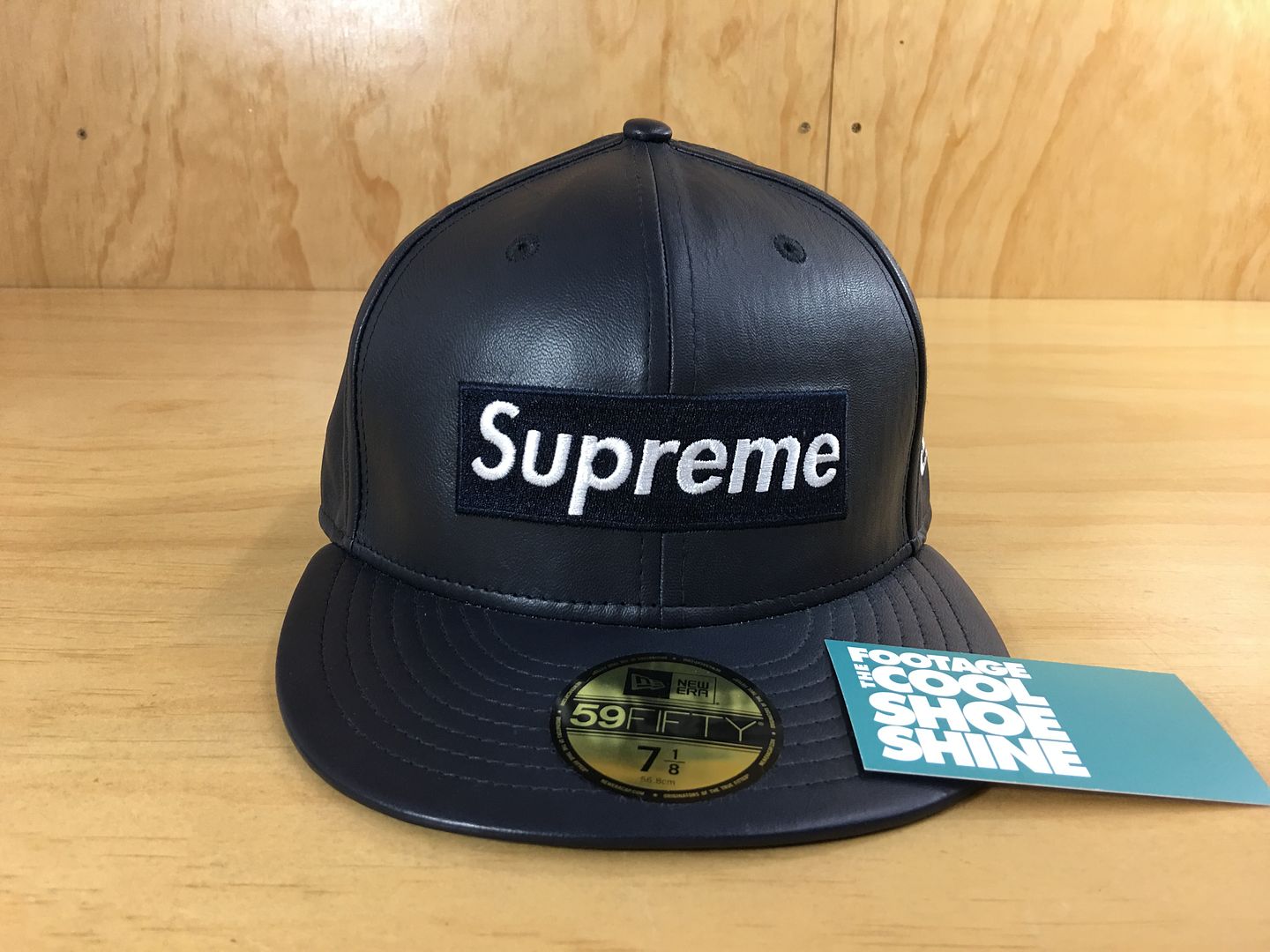 Supreme New Era Box Logo Leather 59Fifty Fitted Hat Navy Blue 7 1/8